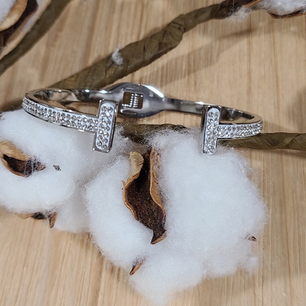 Crystal Pavé Open T-Ends Cuff Bracelet - Silver - Picture 12 of 16